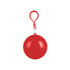 A red ball with a clip for attachment, designed as a novelty item for a rain poncho.