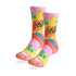 Colourful crew socks featuring a vibrant design with pink, yellow, and blue elements, along with a logo.