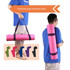 A pink yoga mat carried with a harness strap, featuring assorted colour options below in green, purple, and dark blue.