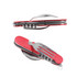 A multi-tool camping cutlery set in red features a fork and knife, stainless steel components, and a keyring attachment.