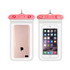 A clear waterproof mobile pouch with a pink top, featuring a phone inside and a branding logo.