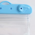 A clear waterproof mobile pouch with a blue closure mechanism. It features a logo on the top.