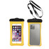 A waterproof universal cellphone dry bag in bright yellow with a black top and attached lanyard. It contains a smartphone.