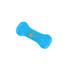 A blue PVC dog bone with a logo, featuring a classic bone shape and smooth surface.