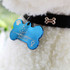 A blue bone-shaped pet ID tag hangs from a black collar, featuring a design and a small logo.