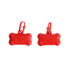 A red bone-shaped pet wastebag dispenser with a clip attached. Two dispensers are displayed. A red bone-shaped pet wastebag dispenser with a clip attached. Two dispensers are displayed.