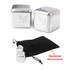 Stainless steel ice cubes in a black pouch, featuring a shiny silver finish. The pouch is included as an optional accessory. Stainless steel ice cubes in a black pouch, featuring a shiny silver finish. The pouch is included as an optional accessory.