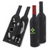 A drink bottle shaped set in black with a red top, containing a corkscrew, pourer, and stopper. Includes a logo.