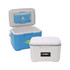 A 6L cooler box in blue and white, featuring a lid and a logo on the front.