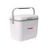 A 22L cooler box in white with a green handle, featuring a logo on the front. A 22L cooler box in white with a green handle, featuring a logo on the front.