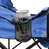 A blue foldable camping chair featuring a mesh cup holder with a can inside. The chair has a portable design.