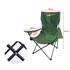 A large foldable camping chair in green with a side armrest and a black frame, featuring a logo on the back.