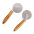 A pizza cutter wheel with a stainless steel blade and a hand-carved wooden handle. The handle features a natural finish.