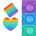 A rainbow-coloured Pop It fidget toy in square and heart shapes, featuring a playful design and a logo.