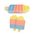 A pastel pop it fidget toy shaped like an ice block, featuring blue, pink, and yellow colours, with one logo present.