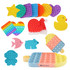 A collection of colourful Pop It fidget toys in various shapes including stars, hearts, a duck, and a bear.