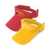A red and a yellow sport visor featuring logos, designed for headwear. Both visors have an adjustable band.