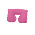 A pink inflatable travel pillow with a contoured shape for neck support, featuring a logo.