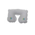 An inflatable travel pillow in white, featuring rounded edges and a logo on one side.