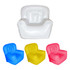 An inflatable chair set featuring a clear chair and three coloured chairs: blue, yellow, and pink. Each has a shiny finish.
