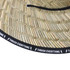 A straw hat with a wide brim and a black string, featuring a logo band around the base.