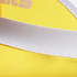 A close-up of a yellow PVC sunscreen hat featuring a white band and stitching. The hat also has a logo.