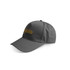 A grey cap made from RPET fabric, featuring a logo on the front and a curved brim.