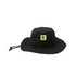 A black outdoor brim hat with a chin strap and a logo on the side. Ideal for outdoor activities.