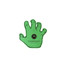 A green foam mitt shaped like a hand, featuring a logo in the centre.