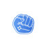 A blue foam mitt shaped like a fist, featuring a logo on the palm.