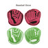 Four foam baseball mitts in pink and green, each featuring a logo, styled with a glove design.
