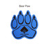 A blue paw-shaped mitt with black detailing and a logo at the centre.