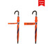 An orange and navy eight-panel umbrella with a curved handle and a logo on the sleeve.