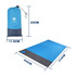 A large blue picnic blanket in a carry pouch, featuring dimensions and a logo on the pouch.