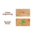 A bamboo surface featuring examples of laser engraving and screen printing with green and brown designs.