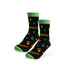 Custom patterned woven bamboo socks featuring a black background, green details, and playful orange motifs. Custom patterned woven bamboo socks featuring a black background, green details, and playful orange motifs.