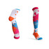 Knee high socks featuring a vibrant splash pattern in blue, pink, orange, and white, with a logo on one sock. Knee high socks featuring a vibrant splash pattern in blue, pink, orange, and white, with a logo on one sock.