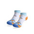 A pair of low cut socks featuring a custom pattern in blue, orange, and white with a light blue cuff. A pair of low cut socks featuring a custom pattern in blue, orange, and white with a light blue cuff.