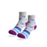 Ankle socks in grey with purple and blue patterns, featuring a towel bottom and a logo on the band.
