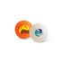 Two table tennis balls, one orange with a logo and one white with a logo, displayed on a white background.