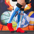 Knee-high football socks featuring a blue and white custom pattern with a red towel bottom and branding.
