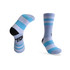 Merino wool socks in light blue with darker blue and black stripes, featuring a logo. Merino wool socks in light blue with darker blue and black stripes, featuring a logo.