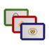 Three silicone baking mats in green, red, and blue, featuring various designs and a logo on one mat.