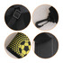 A close-up of a black soccer training belt featuring a clip, strap, and velcro, with a yellow soccer ball design.