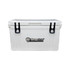 A white 45L cooler box with black clips and a logo on the front. A white 45L cooler box with black clips and a logo on the front.