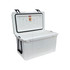 A white cooler box with a hinged lid and handles, featuring a robust design and interior storage space. A white cooler box with a hinged lid and handles, featuring a robust design and interior storage space.