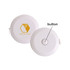 A 1.5m round tape measure in white featuring a logo and a button for retraction.