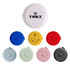 A set of seven round tape measures in red, blue, white, yellow, green, pink, and black, featuring various logos.