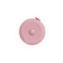 A pink round tape measure with a button on top, featuring a logo.