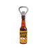 A drink bottle shaped opener in amber with a silver bottle cap and a logo featuring "Happy Hour". 